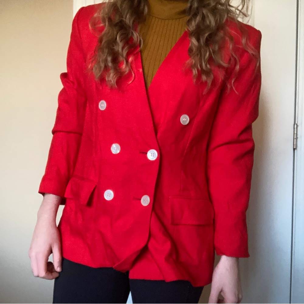 Vintage Bright (Cherry) Red Blazer with White Buttons